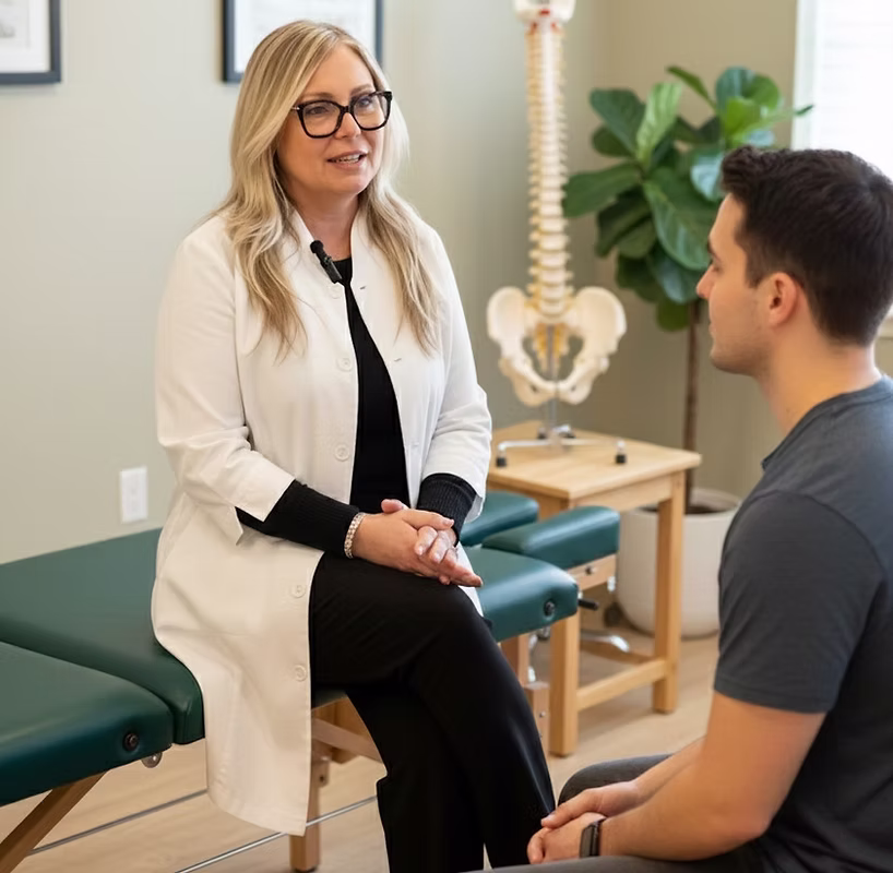Profesional de quiropráctica realizando una valoración clínica a un paciente en consulta